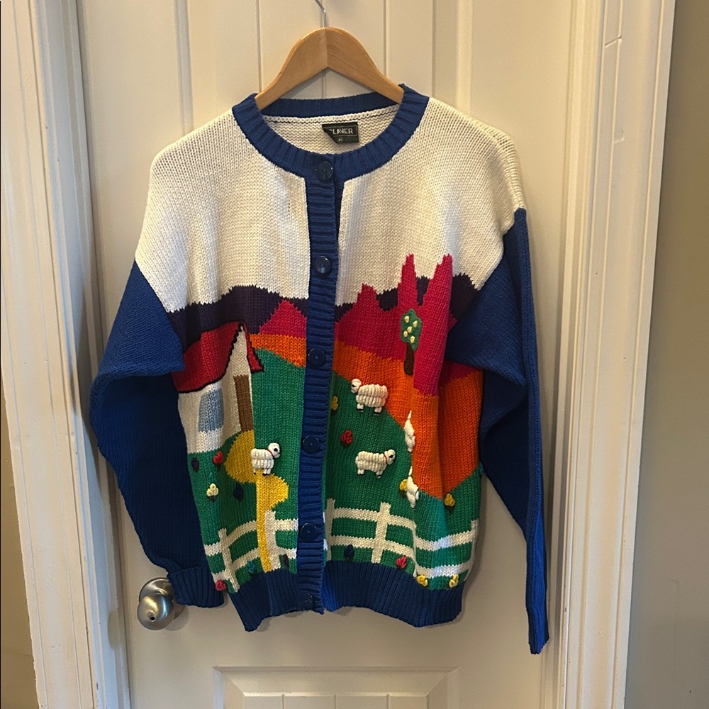 Claver Vintage  Colorful Farm Scene Cardigan